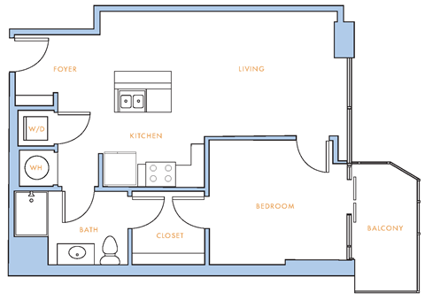 Floor plan for 1 bed, 1 bath, 723 sqft