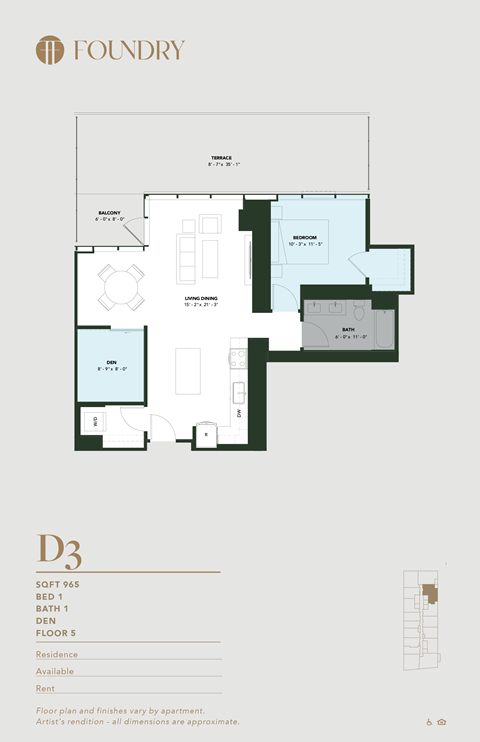 Floor plan for 1 bed, 1 bath, 965 sqft