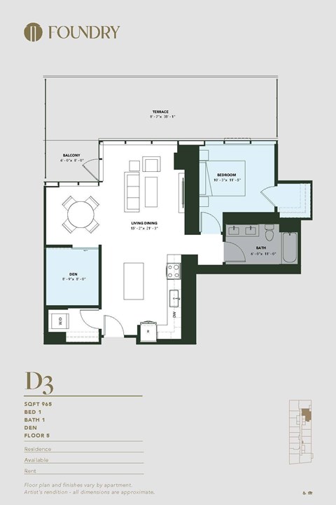 Floor plan for 1 bed, 1 bath, 965 sqft