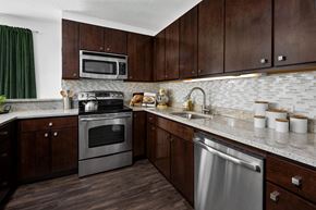 Chicago apartment for rent - a kitchen with dark wood cabinets and stainless steel appliances