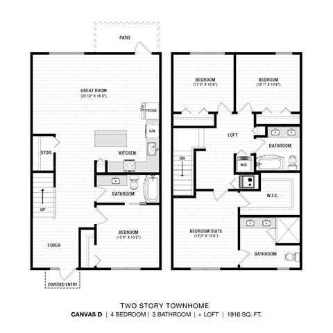 Floor plan for 4 beds, 3 baths, 1916 sqft