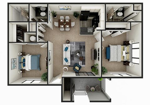Floor plan for 2 beds, 2 baths, 1042 sqft
