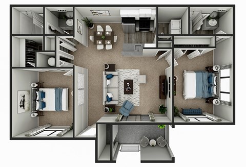Floor plan for 2 beds, 2 baths, 1042 sqft