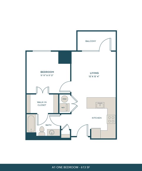 Floor plan for 1 bed, 1 bath, 613 sqft