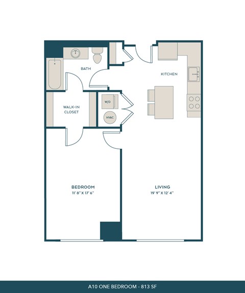 Floor plan for 1 bed, 1 bath, 813 sqft