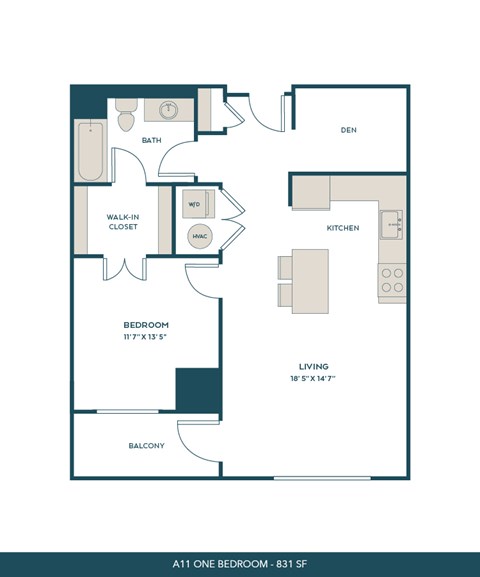 Floor plan for 1 bed, 1 bath, 831 sqft