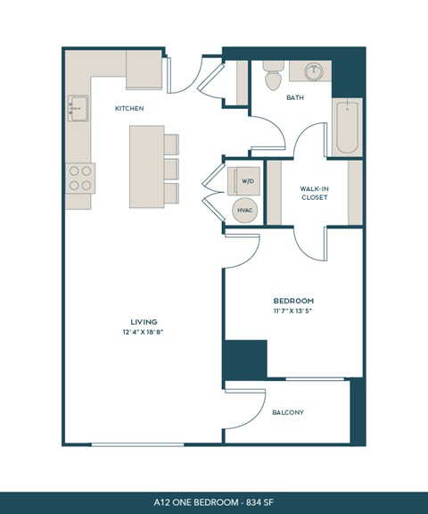 Floor plan for 1 bed, 1 bath, 834 sqft