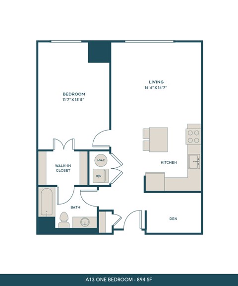 Floor plan for 1 bed, 1 bath, 894 sqft