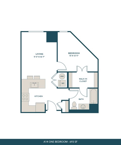 Floor plan for 1 bed, 1 bath, 693 sqft