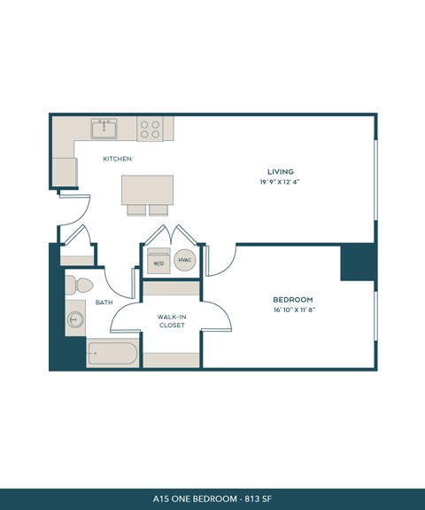Floor plan for 1 bed, 1 bath, 813 sqft