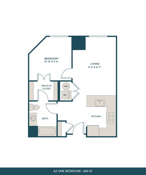 Floor plan for 1 bed, 1 bath, 640 sqft