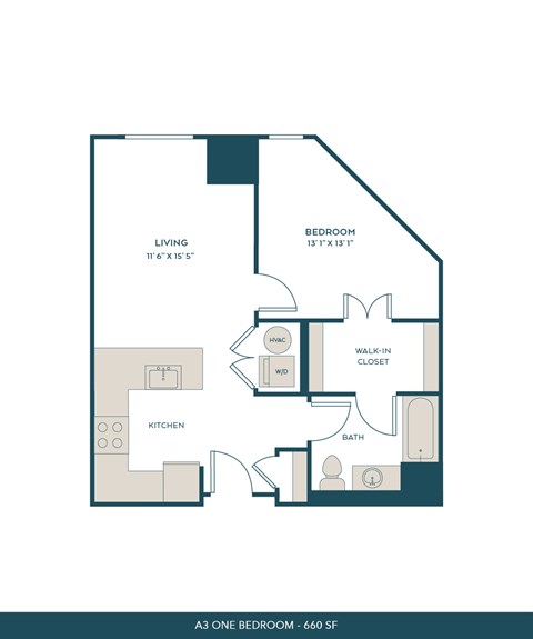 Floor plan for 1 bed, 1 bath, 660 sqft