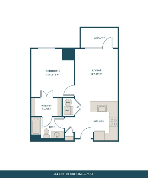 Floor plan for 1 bed, 1 bath, 675 sqft