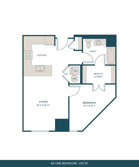 Floor plan for 1 bed, 1 bath, 693 sqft