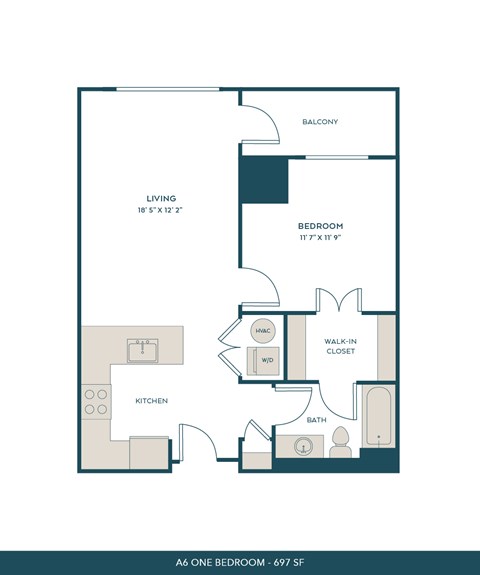 Floor plan for 1 bed, 1 bath, 697 sqft