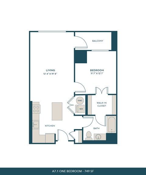 Floor plan for 1 bed, 1 bath, 749 sqft