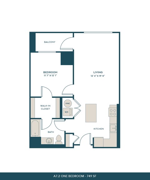 Floor plan for 1 bed, 1 bath, 749 sqft