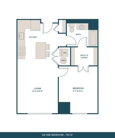 Floor plan for 1 bed, 1 bath, 750 sqft