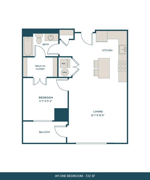 Floor plan for 1 bed, 1 bath, 772 sqft