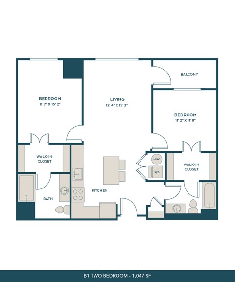 Floor plan for 2 beds, 2 baths, 1047 sqft