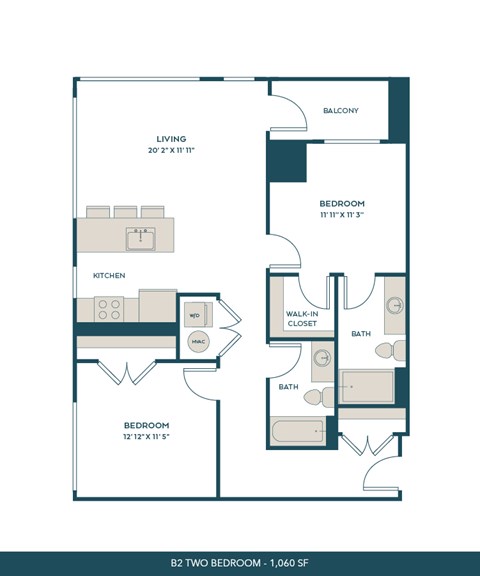 Floor plan for 2 beds, 2 baths, 1060 sqft