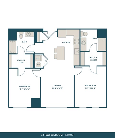 Floor plan for 2 beds, 2 baths, 1110 sqft