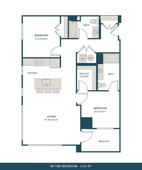 Floor plan for 2 beds, 2 baths, 1161 sqft