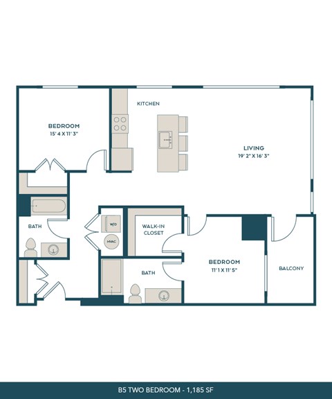 Floor plan for 2 beds, 2 baths, 1185 sqft