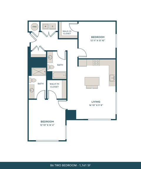 Floor plan for 2 beds, 2 baths, 1223 sqft
