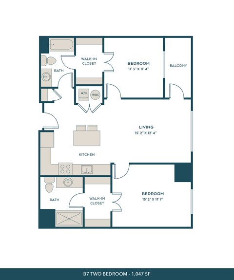 Floor plan for 2 beds, 2 baths, 1047 sqft