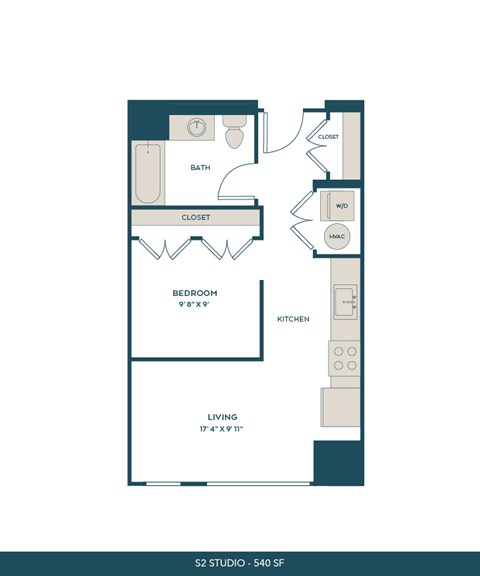 Floor plan for studio, 1 bath, 540 sqft