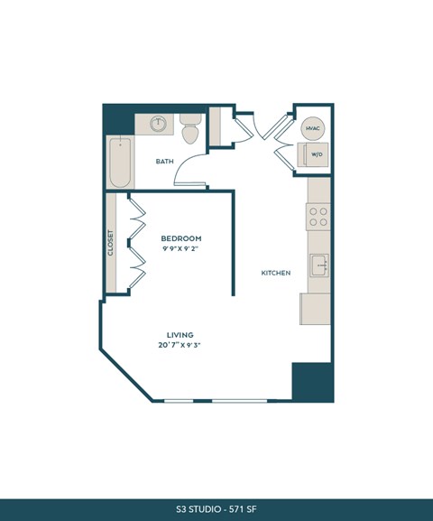 Floor plan for studio, 1 bath, 571 sqft