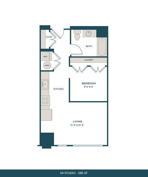 Floor plan for studio, 1 bath, 585 sqft