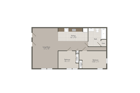 Floor plan for 2 beds, 1 bath, 822 sqft
