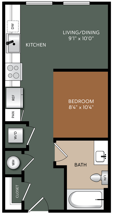 Floor plan for studio, 1 bath, 516 sqft