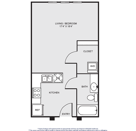 Floor plan for studio, 1 bath, 507 sqft