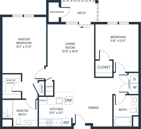 Floor plan for 2 beds, 2 baths, 1090 sqft