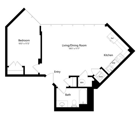 Floor plan for 1 bed, 1 bath, 655 sqft