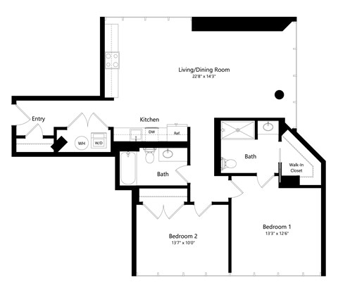 Floor plan for 2 beds, 2 baths, 1063 sqft