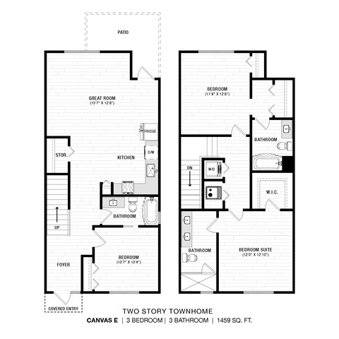 Floor plan for 3 beds, 3 baths, 1459 sqft