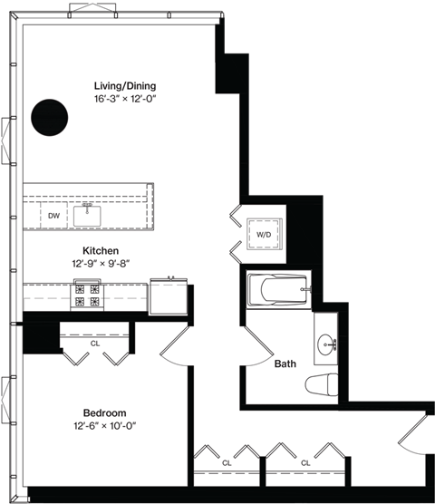 Floor plan for 1 bed, 1 bath, 855 sqft