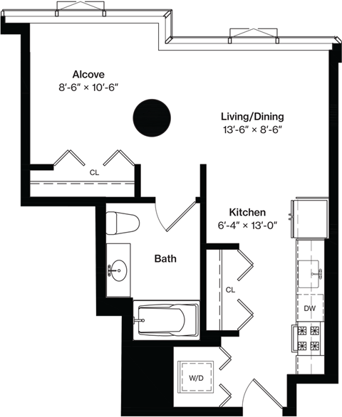 Floor plan for studio, 1 bath, 545 sqft