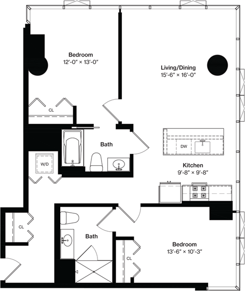 Floor plan for 2 beds, 2 baths, 1105 sqft