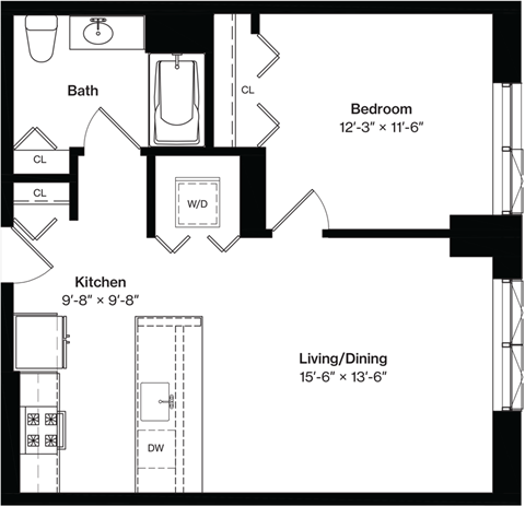 Floor plan for 1 bed, 1 bath, 715 sqft