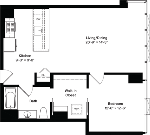 Floor plan for 1 bed, 1 bath, 845 sqft