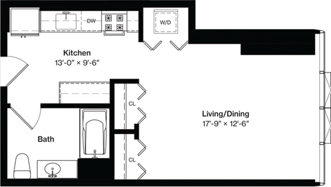 Floor plan for studio, 1 bath, 525 sqft