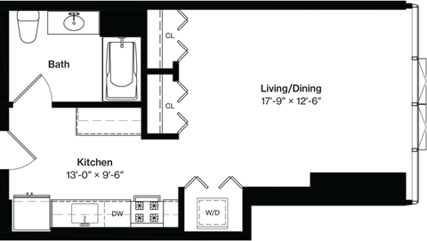 Floor plan for studio, 1 bath, 525 sqft