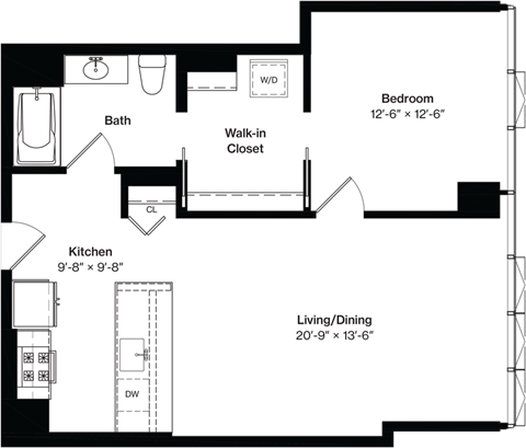 Floor plan for 1 bed, 1 bath, 820 sqft
