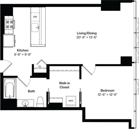 Floor plan for 1 bed, 1 bath, 820 sqft
