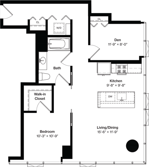 Floor plan for 1 bed, 1 bath, 925 sqft